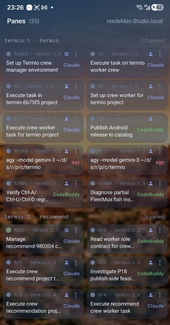 Termio Panes screen — every live pane grouped by project, each naming its agent kind and current task