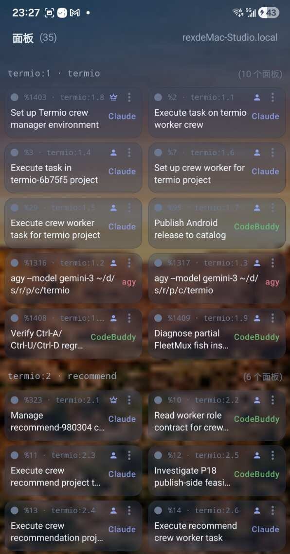 Termio Panes screen — every live pane grouped by project, each naming its agent kind and current task