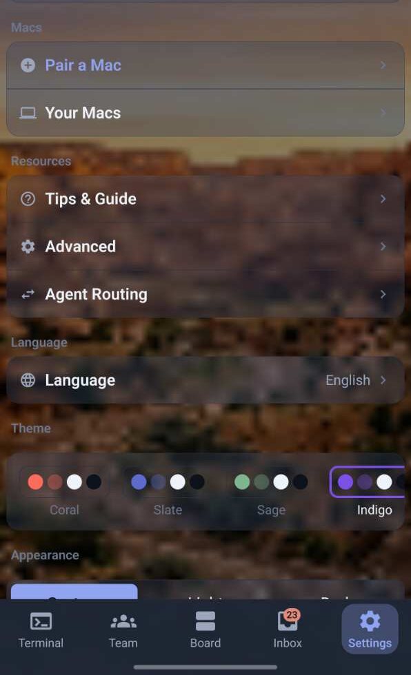 Termio Settings screen — pairing another Mac, agent routing, language, and theme colors