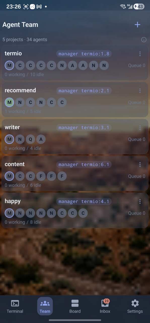 Termio Agent Team screen — 5 projects and 34 agents on your Mac, with working/idle counts per project