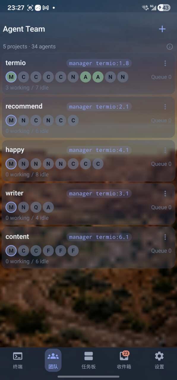 Termio Agent Team screen — 5 projects and 34 agents on your Mac, with working/idle counts per project