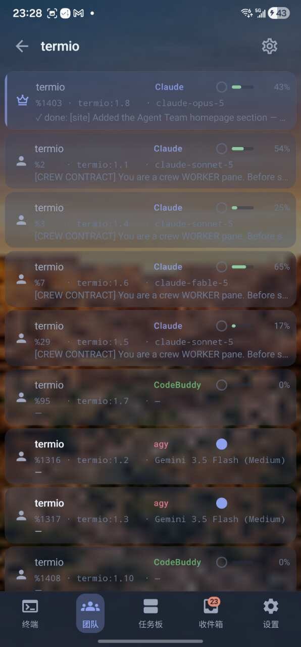 Termio Agent Team roster — a manager and mixed-kind workers (Claude, CodeBuddy, AGY) with live context usage