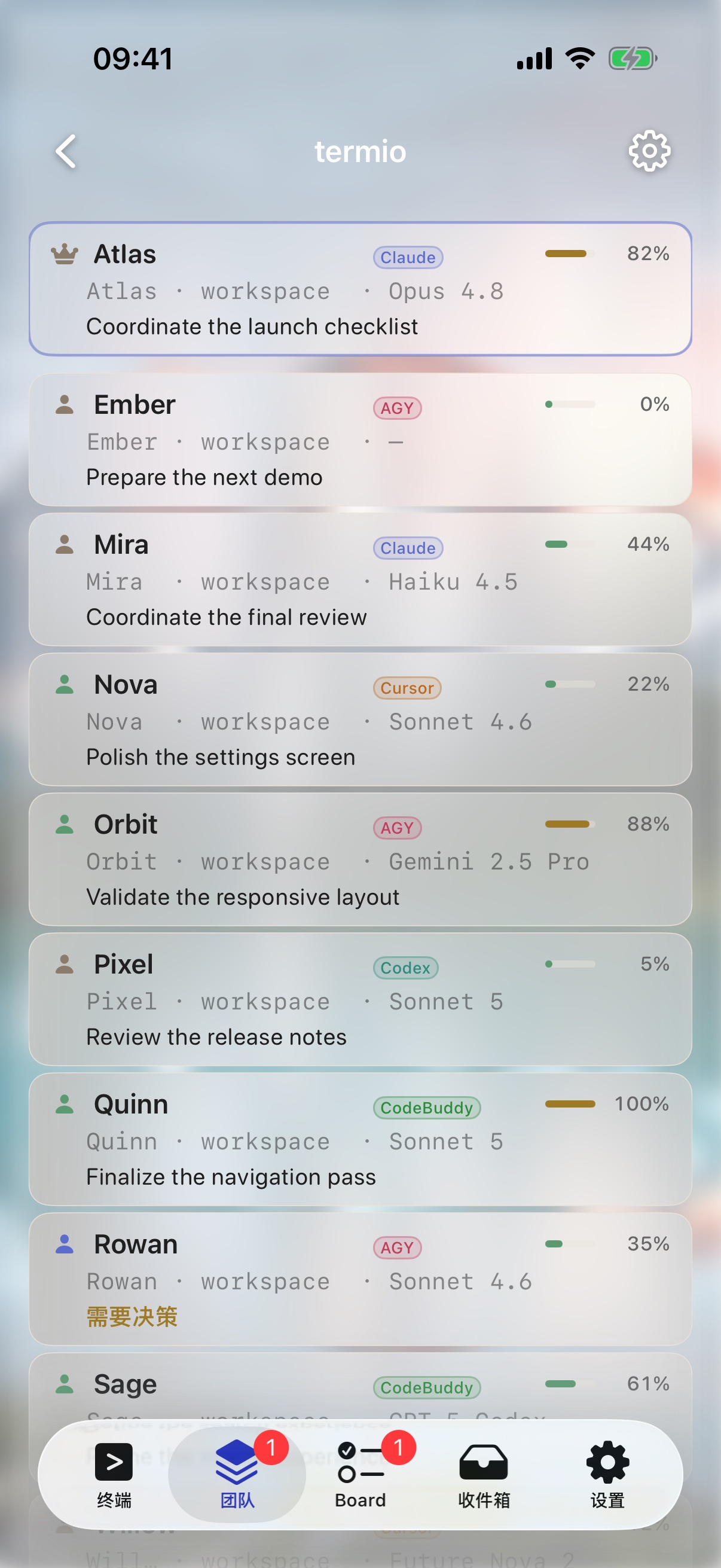 Termio Agent Team roster — a manager and mixed-kind workers (Claude, CodeBuddy, AGY) with live context usage